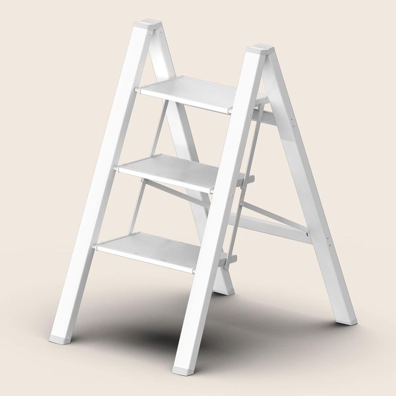 Step Ladder 3 Step Folding, Small Step Stool for Adults, Portable Anti-Slip Lightweight Stepladder with Wide Pedals for Home and Kitchen Use, Space Saving - White (300 Lbs)