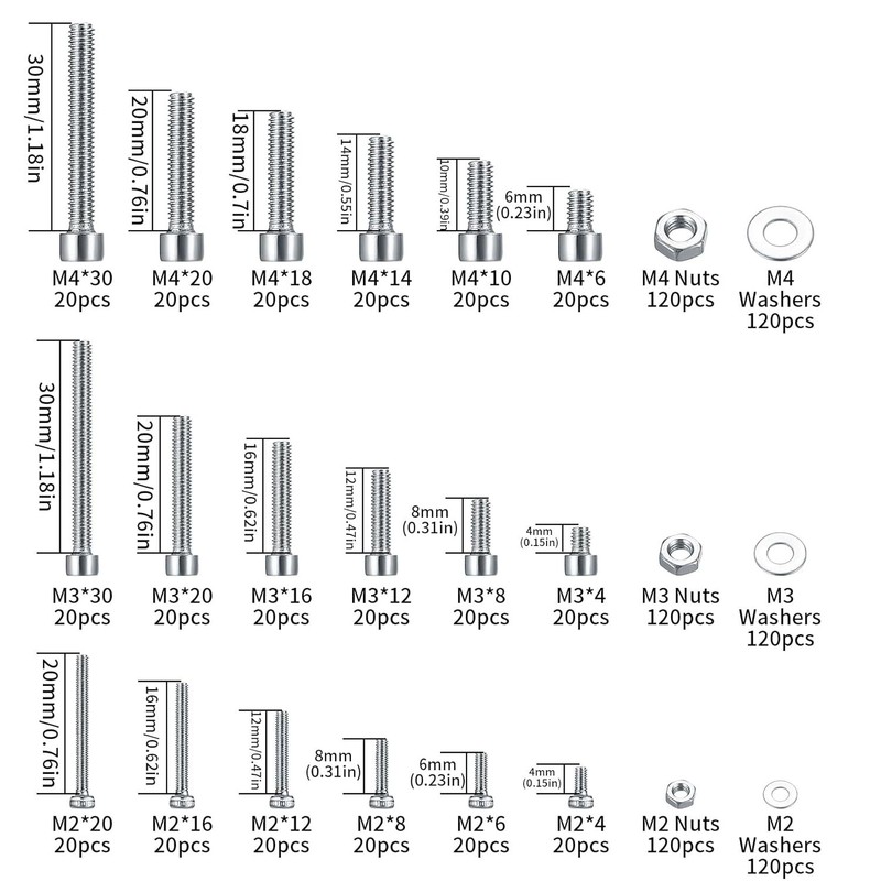 Nuts Bolt Assortment Kit Metric Stainless Steel M2 M3 M4 Screws Hex Set 1080 PCS