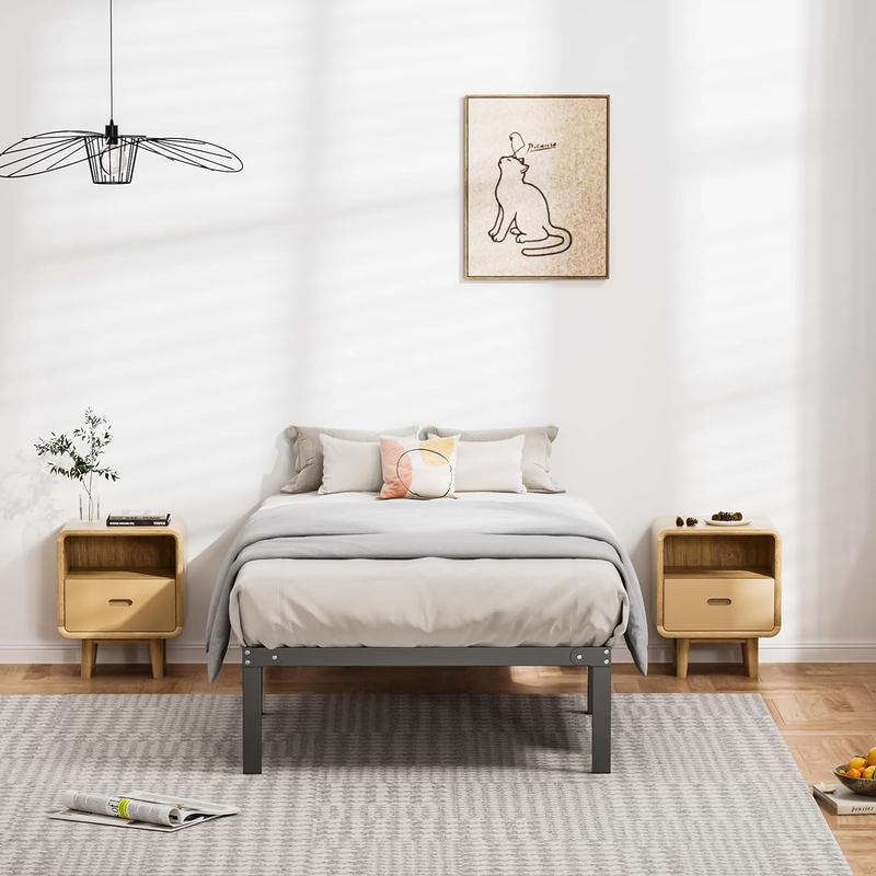 Metal Twin Bed Frame - 14In High with Storage Space, No Box Spring Needed with S