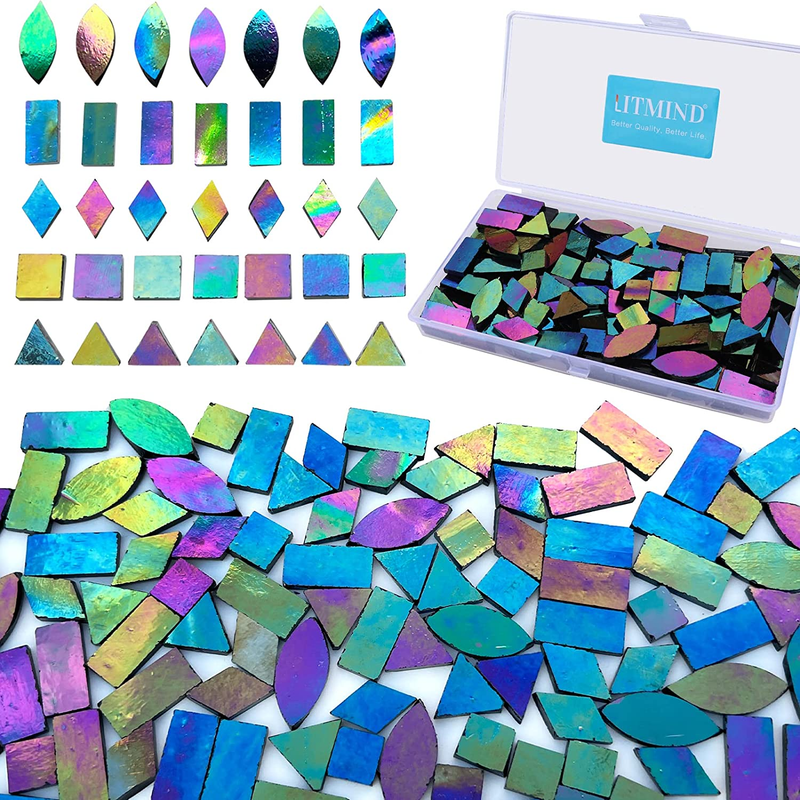 LITMIND Iridescent Glass Mosaic Tiles for Crafts, 240 Pieces 5 Shapes Mixed