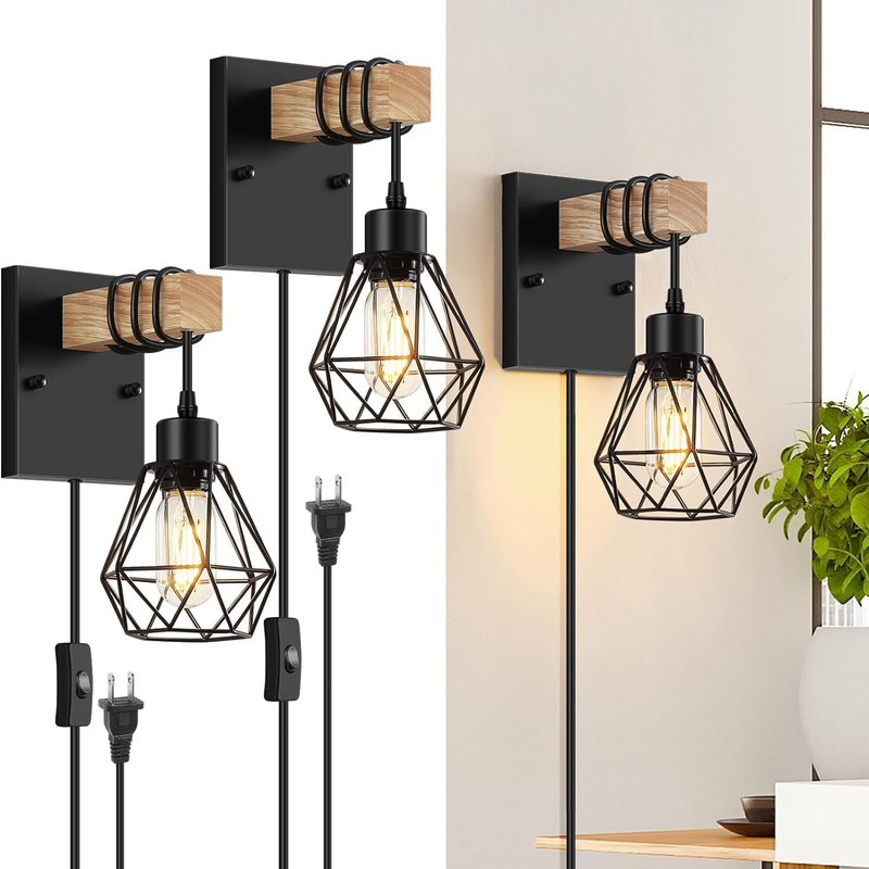 Plug in Wall Sconces Set of Two, Vintage Wood Wall Lamps with Plug in Cord, Farm