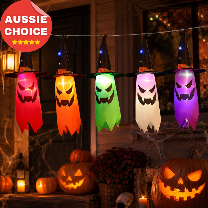 Lighted Hanging Colorful Ghost Witch Hat Halloween Decorations Indoor Outdoor