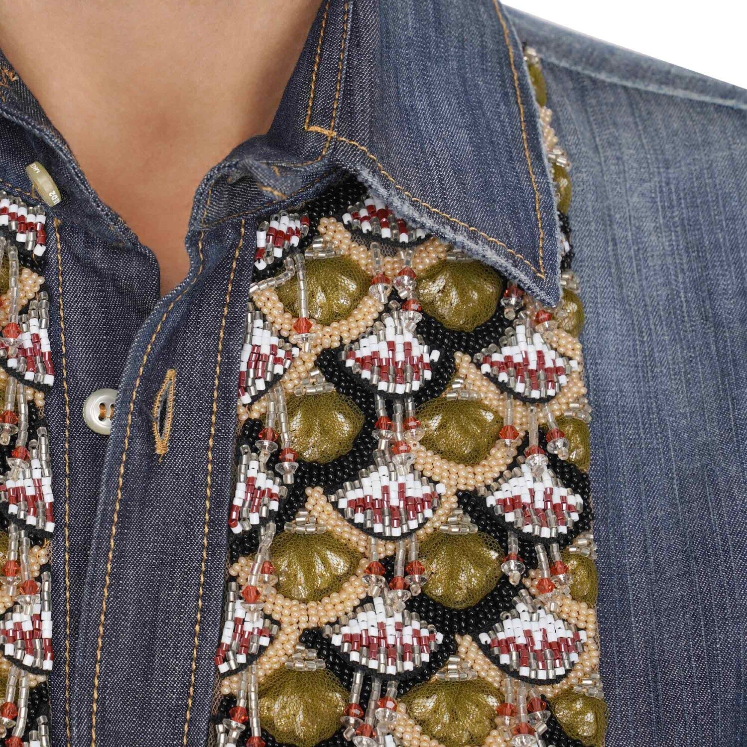Pre-owned Dsquared2 Crystal Pearl Embroidery Denim Jeans Shirt Blouse Top Blue 07206