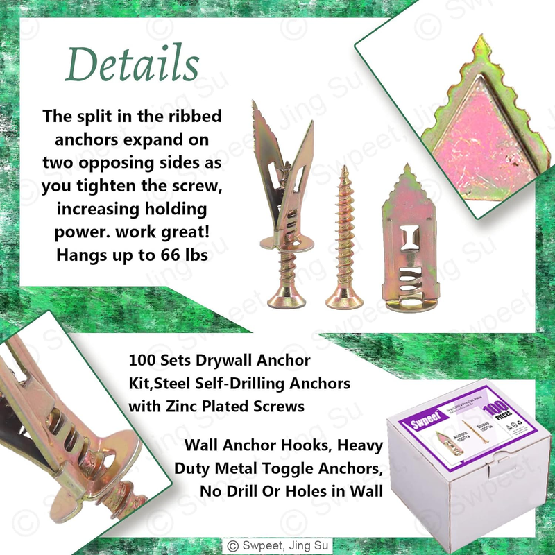 200Pcs Drywall Self-Drilling Anchors with Screws Kit, No Drill Or Holes in Wall