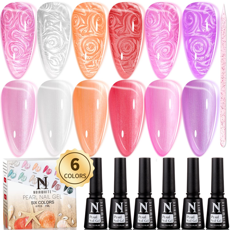 Noirwhite Pearl Gel Nail Polish,6 Colors Pearlescent Shell Glitter White Pink Or