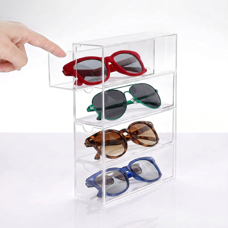 Sunglass Storage Box, Acrylic Sunglasses Organizer with 4 Clear Divided Drawers,