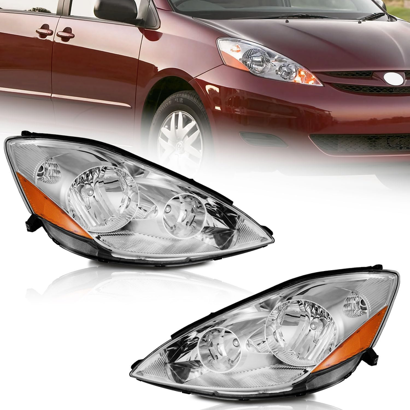 Headlights Assembly Chrome Housing Amber Reflector for Toyota Sienna 2006-2010