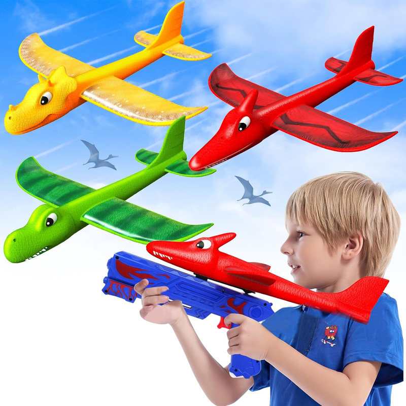 Dinosaur Airplane Launcher Toys for Boys: 3 Pack Dino Foam Airplanes Outdoor Toy