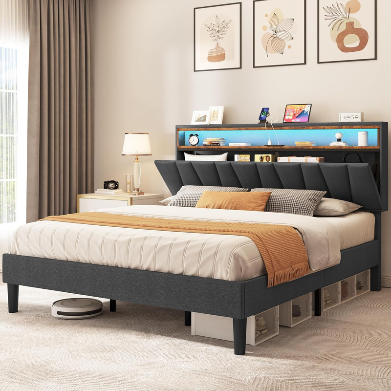 Queen Size Bed Frame, LED Bed Frame with Storage Bookcase Headboard, Upholstered