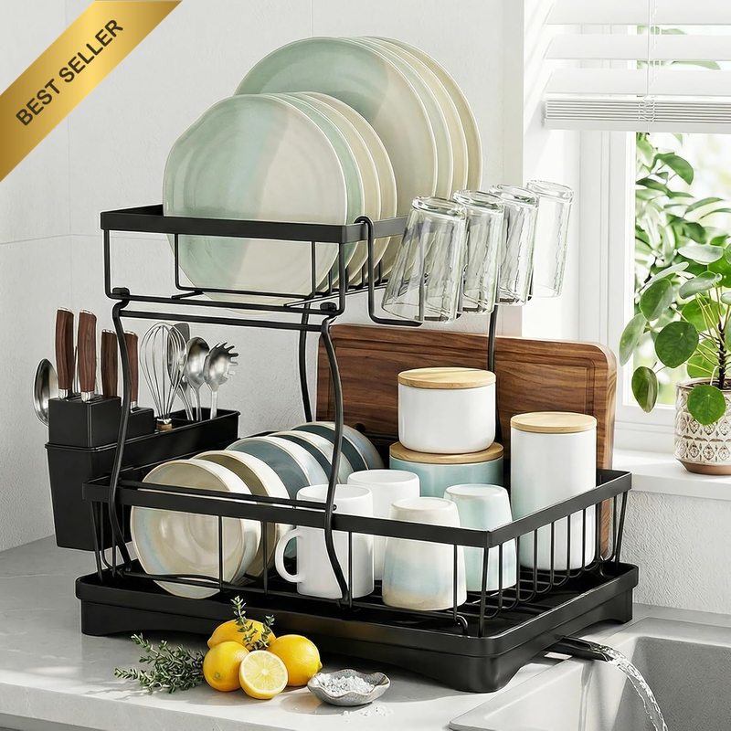 Dish Drying Rack, 2-Tier Dish Rack with Drain Board, Detachable Rustproof Carbon