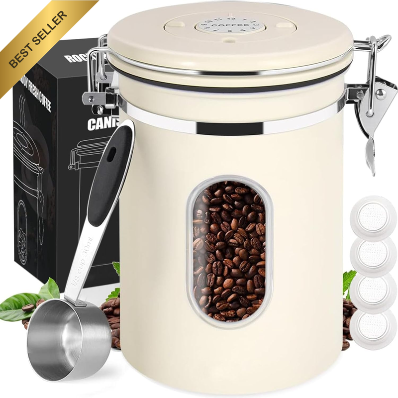 Airtight Coffee Beans Canister, Stainless Steel Container with 30 ML Measuring S