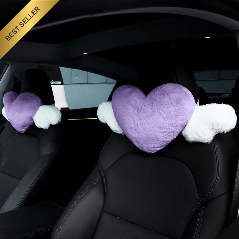 2 Pcs Plush Heart Shaped Pillow with Angel Wings Car Headrest Soft Comfortable C