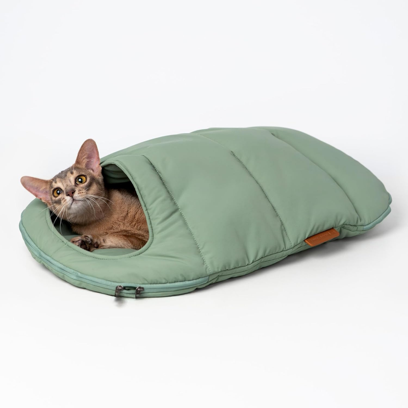 Cat Sleeping Bag, Pet Bed Cave Cat Sleep Zone Cuddle Cave Covered Warm Pad Soft Durable Easy Clean Pet Hide Sleeping Nest Cave Burrow Bag for Indoor Cats Kitten Puppy (Olive, S)