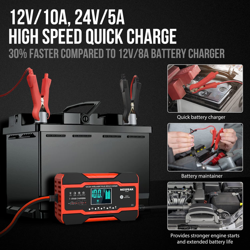 NC201 10-Amp Car Battery Charger, Smart Trickle Charger Fully Automatic 12V 24V