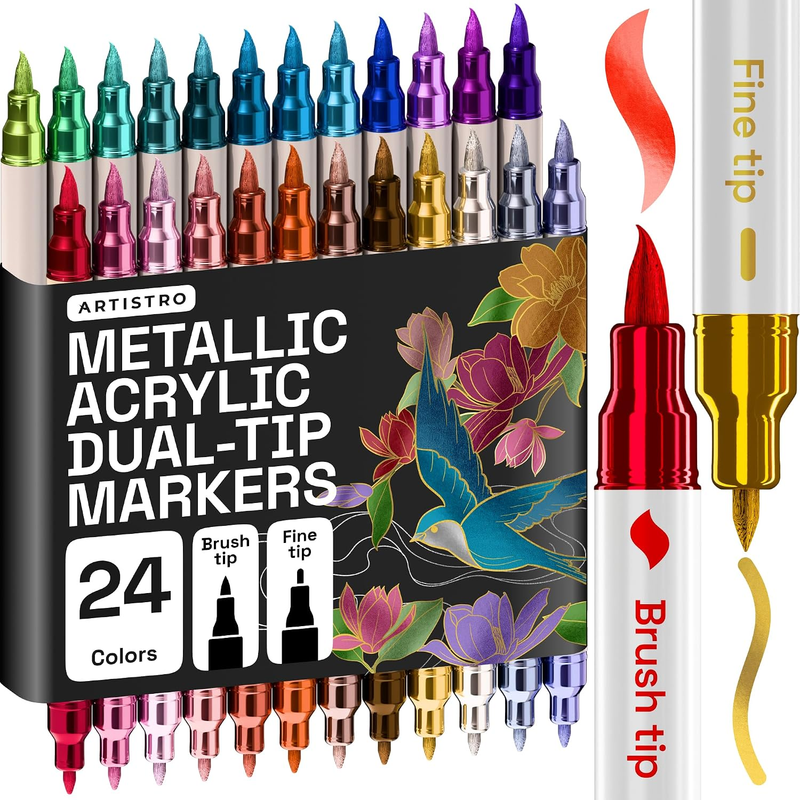 ARTISTRO 24 Metallic Dual-Tip Acrylic Paint Marker Pens for Drawing