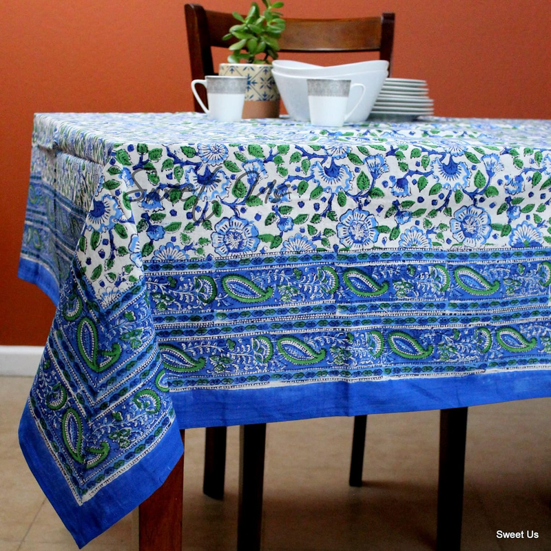 Block Print Paisley Floral Tablecloth for Rectangle Tables, Cotton Floral Kitche