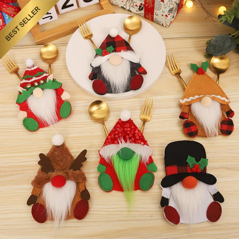 6 Pack Felt Cutlery Holders Santa Gnome Elf Elk Utensil Pouches