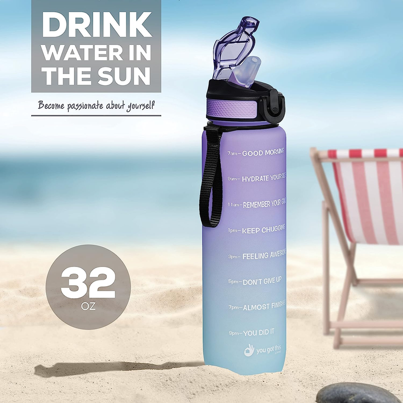 Motivational Sports Water Bottle,32 Ounce Water Bottle with Time Marker,1 Liter