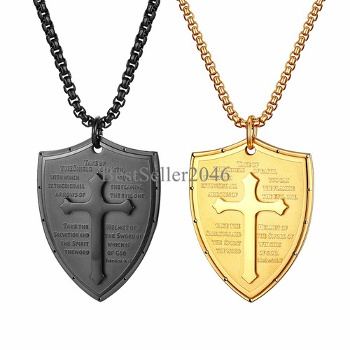 Men Shield Armor of God Ephesians 6:16-17 Faith Cross Necklace Pendant Chain 24"