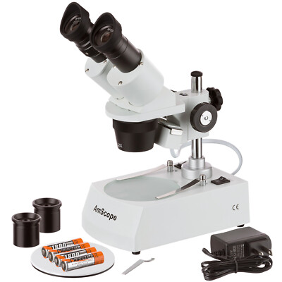 AmScope 20X-40X-80X  LED Binocular Stereo Microscope Portable Cordless Option
