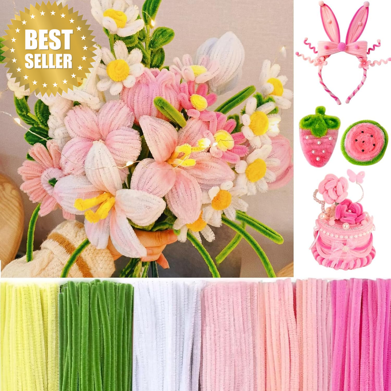 600 Pcs Pink Pipe Cleaners Craft for Flowers, Pastel Chenille Stems for DIY Art
