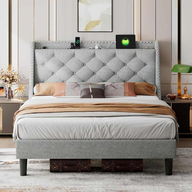 Ipormis Queen Bed Frame with 16" Deluxe Wingback & USB & Type-C Ports, Upholster