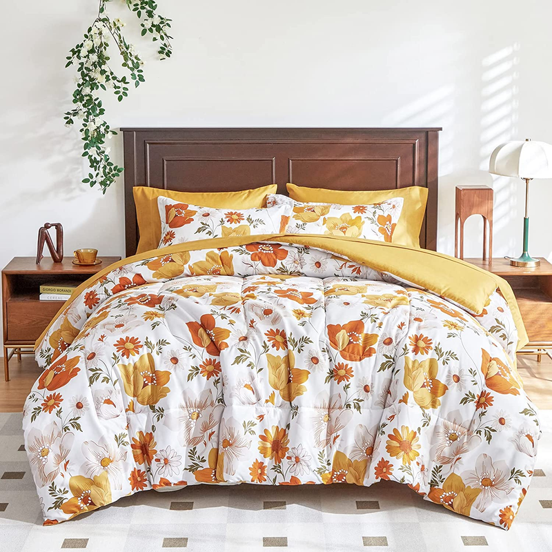 Yellow Comforter Sheet Set Floral Bed in a Bag 7 Pieces King Size Orange Flowers