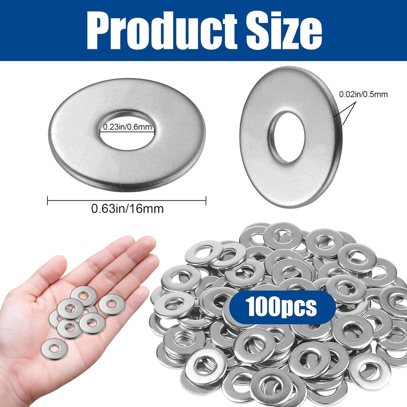Flat Washers, 100 Pcs Fender Washers, 1/4" Stainless Steel Fender Washers for Bo
