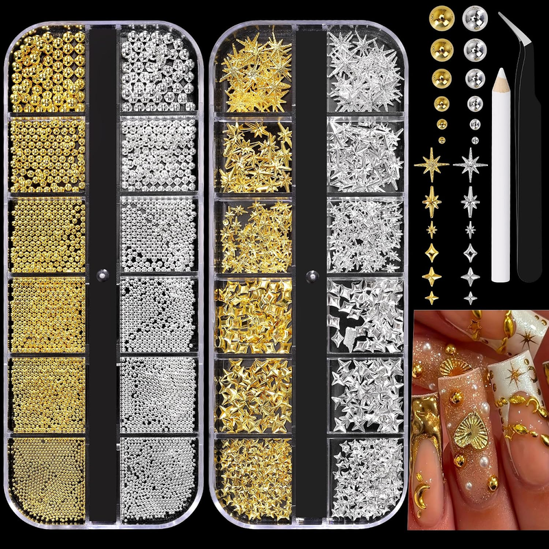 3D Star Nail Charms, Gold & Silver Multi-Shapes Metallic Nail Art Gems and Small