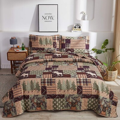 Lodge Bedding Set King Size Rustic Cabin Quilt Set Moose Bear Bedspread Coverlet