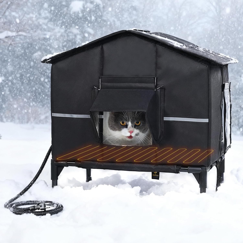 Outdoor Heated Cat House Weatherproof, outside Insulated Feral Cat Shelter with Elevated Base, Waterproof Eaves & Escape Door for Stray Barn Cats, 16.9