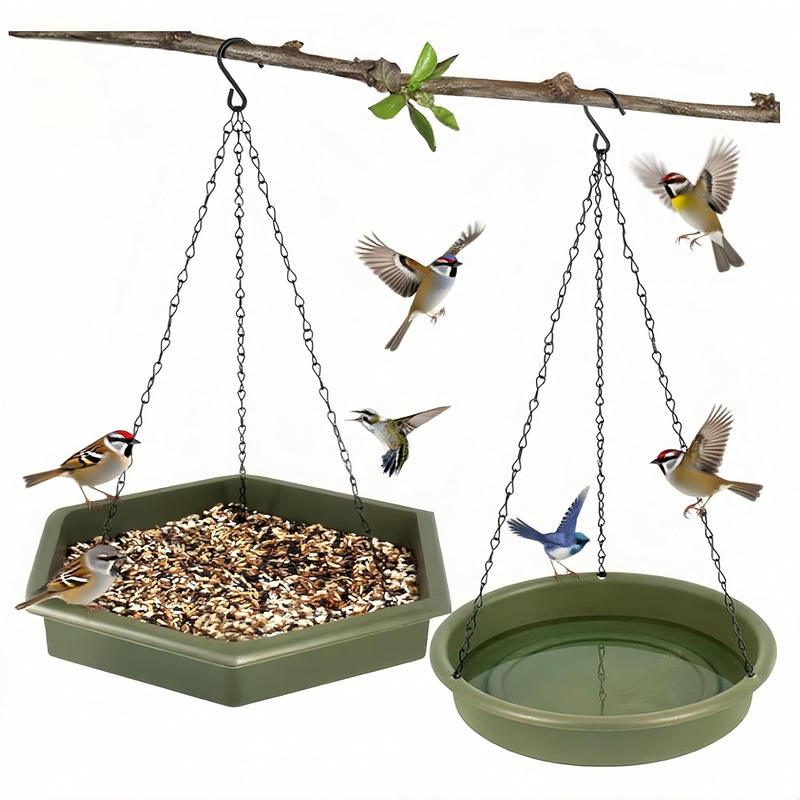 2 in 1 XXL Hanging Bird Bath & Feeder for Outside, Outdoor Tray for Birds, Green