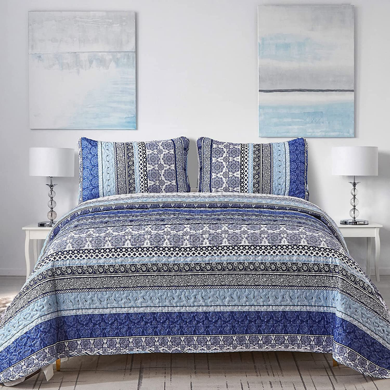 Queen Size Blue Bohemian 3 Pieces Quilt Sets Bedspread Coverlet