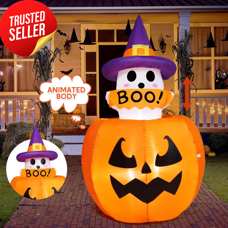 Halloween Inflatable Ghost Pumpkin Decoration 5Ft LED Animated Outdoor Yard