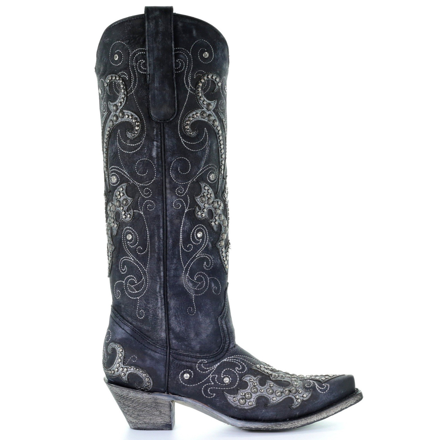 Pre-owned Corral Boots Corral Ladies Black Overlay Emroidery Stud & Crystals Tall Boots A3637