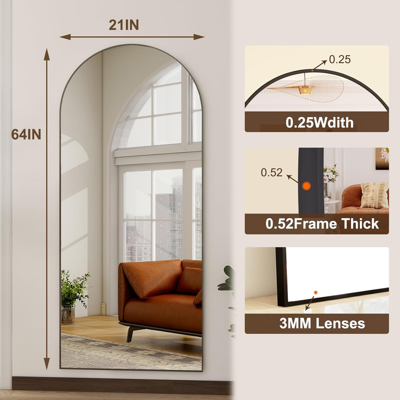 Arched Full Length Mirror - 21" x 56" Full Body Mirror - Extra Large Floor Mirro