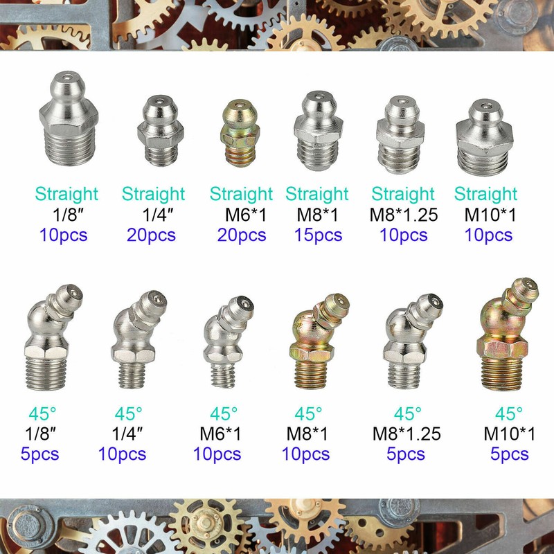 130x Assorted Box of Grease Nipples (Metric & Imperial) Popular M6 M8