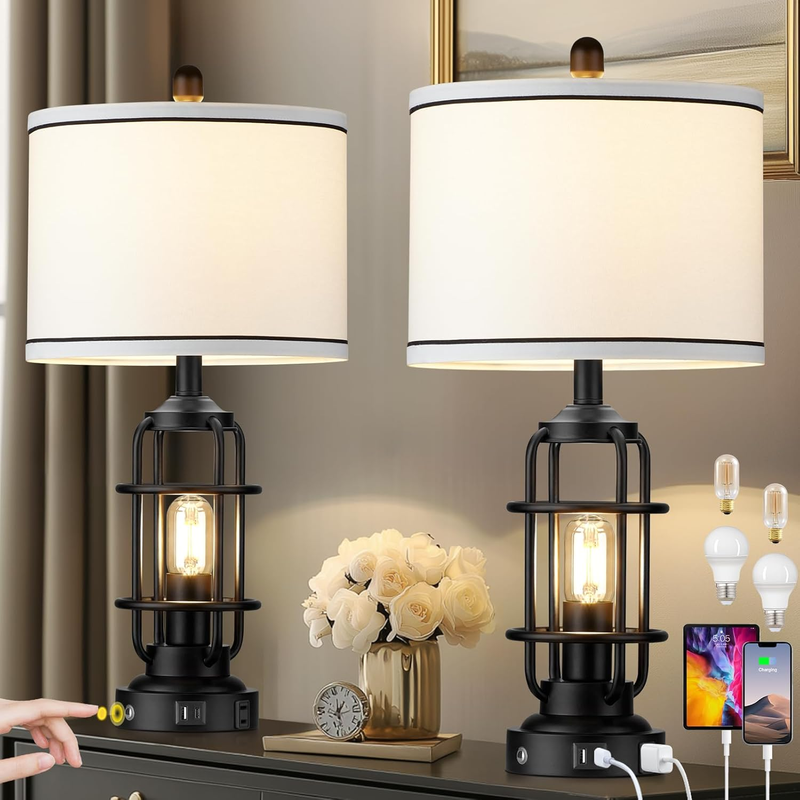 Modern Table Lamps, Industrial 3-Way Dimmable Bedside Lamp with USB A+C Ports & AC Outlet, Touch Control Rustic Nightstand Lamp LED Night Light for Living Room Bedroom Decor Home(4 Bulbs Included)