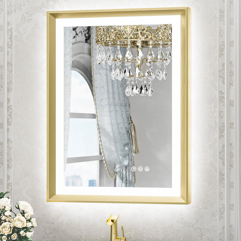 Gold LED Mirror for Bathroom 20X28 Metal Frame Frontlit & Backlit Lighted Vanity Mirror Baroque anti Fog Stepless Dimmable White/Warm/Natural,Cri90+,Wall Mounted(Horizontal/Vertical)