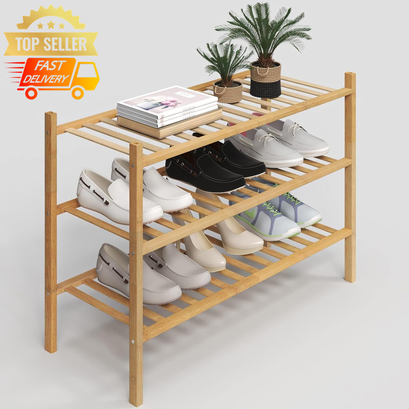 Bamboo 3-Tier Stackable Shoe Rack Organizer for Entryway Hallway Storage
