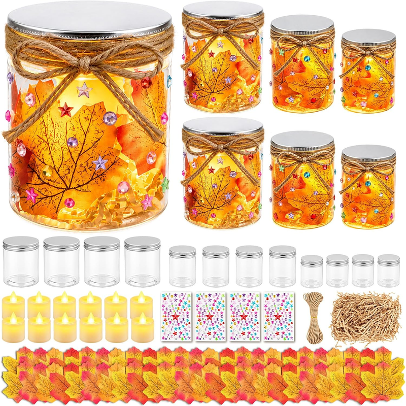 Herbst Basteln Set Kinder Mit LED, 12 Flaschen & 50 Ahornblätter Tischdeko