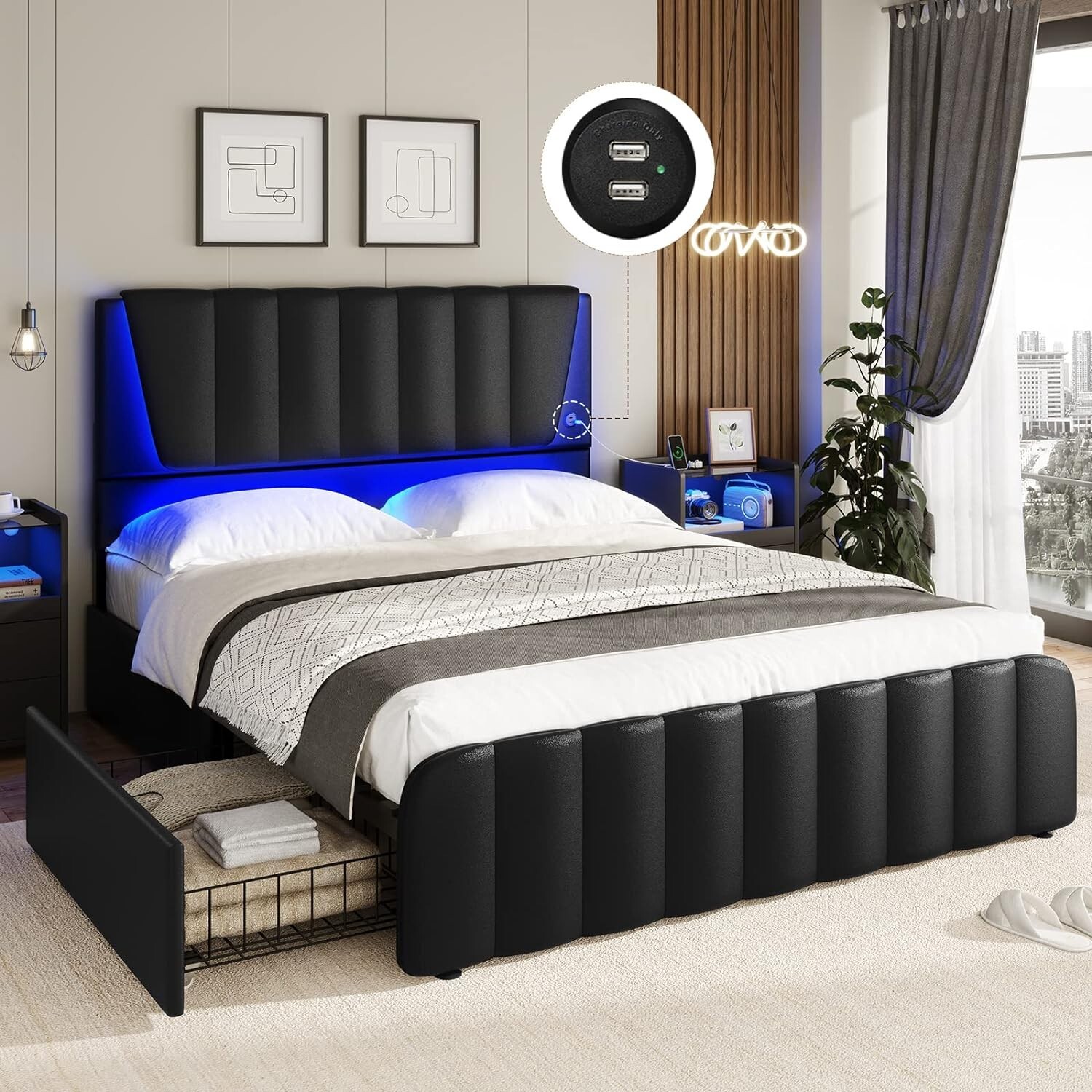 With Headboard And Led Light Modern Platform Bed Frame