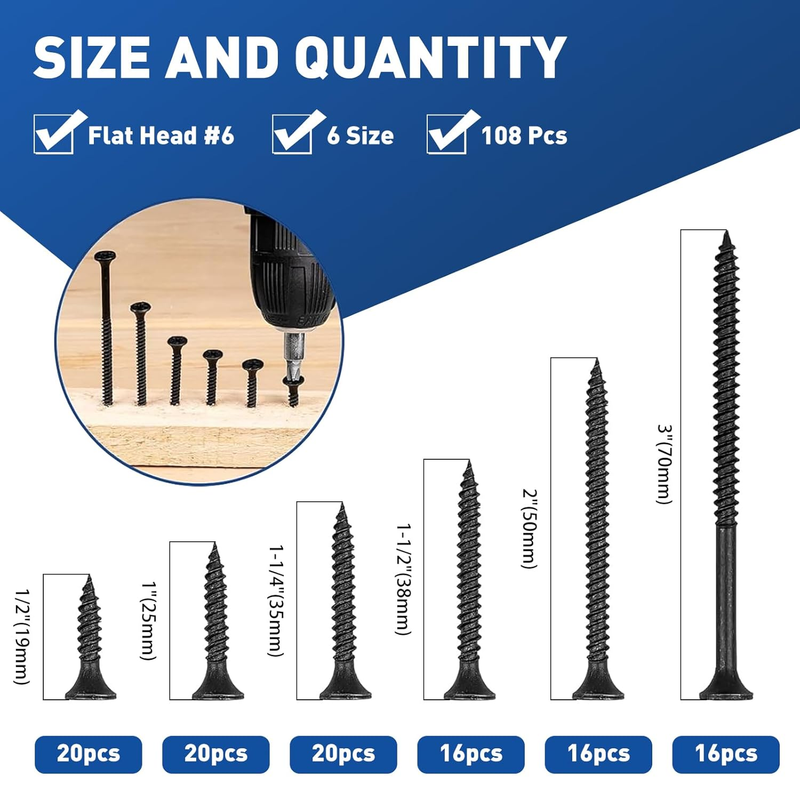 Drywall Screws Assortment Kit, Wood Screws for Drywall,108 PCS Coarse Thread, Ph