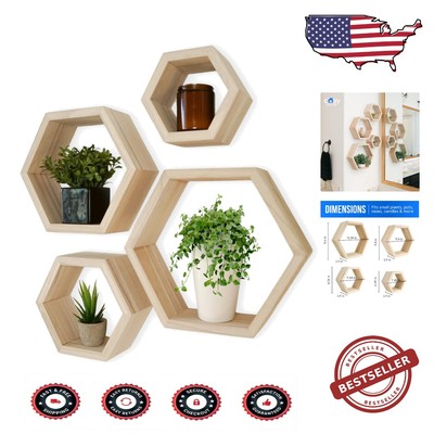 Set of 4 Floating Hexagon Shelves - Natural Wood Farmhouse Decor for All Rooms