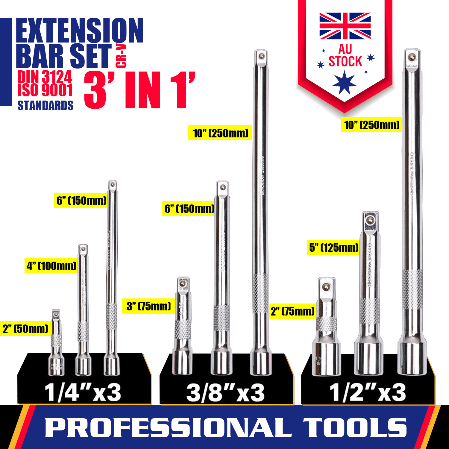 3 Sizes Socket Extension Bar Set 1/4" 3/8" 1/2" Drive Extra Long