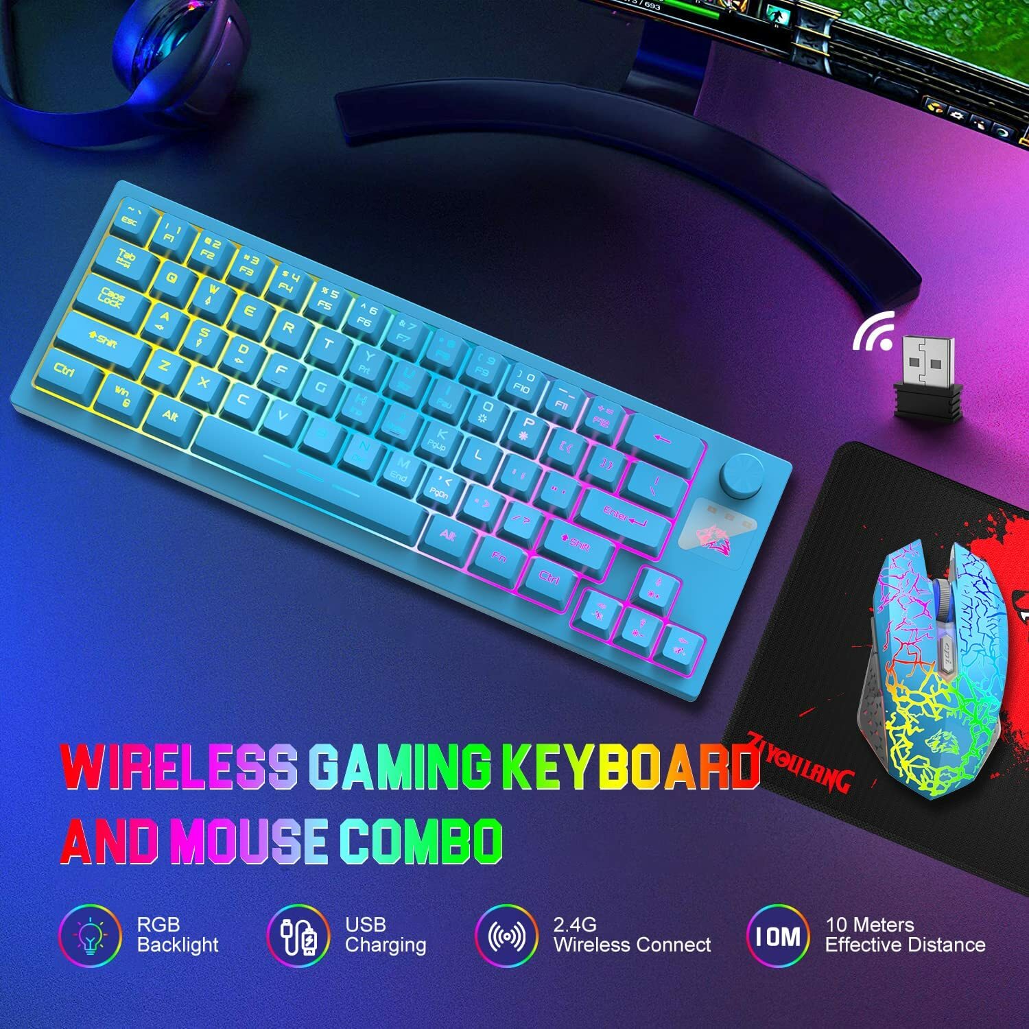 Wireless Gaming Keyboard and Mouse Combo with 84 Key RGB Bac