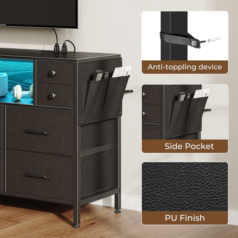 Dresser with Power Outlets and LED Lights, 10 Small Drawers Dresser with Side Po