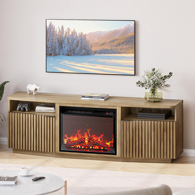 BELLEZE Fluted TV Stand with 23'' Electric Fireplace Heater with Sound, 68'' Enter