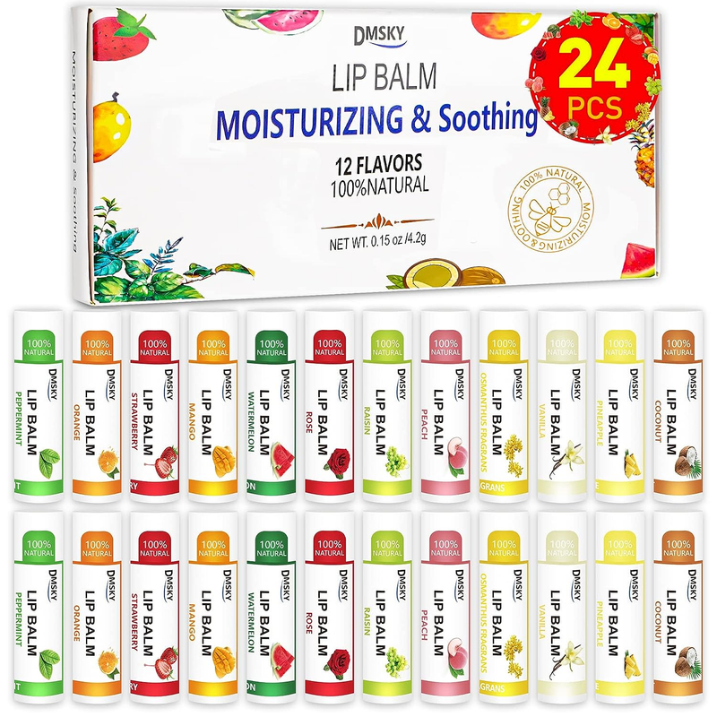 24 Pack Lip Balm, Natural Lip Balm Bulk with Vitamin E and C