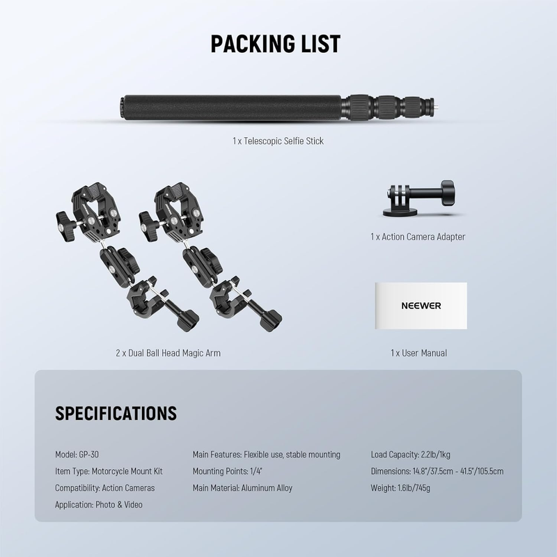 Motorcycle Camera Mount Kit, Bicycle Handlebar Invisible Selfie Stick with Dual